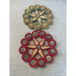 2 Vintage Hot Pad Pot Holder Woven Rattan Raffia Wicker Straw Trivets MCM